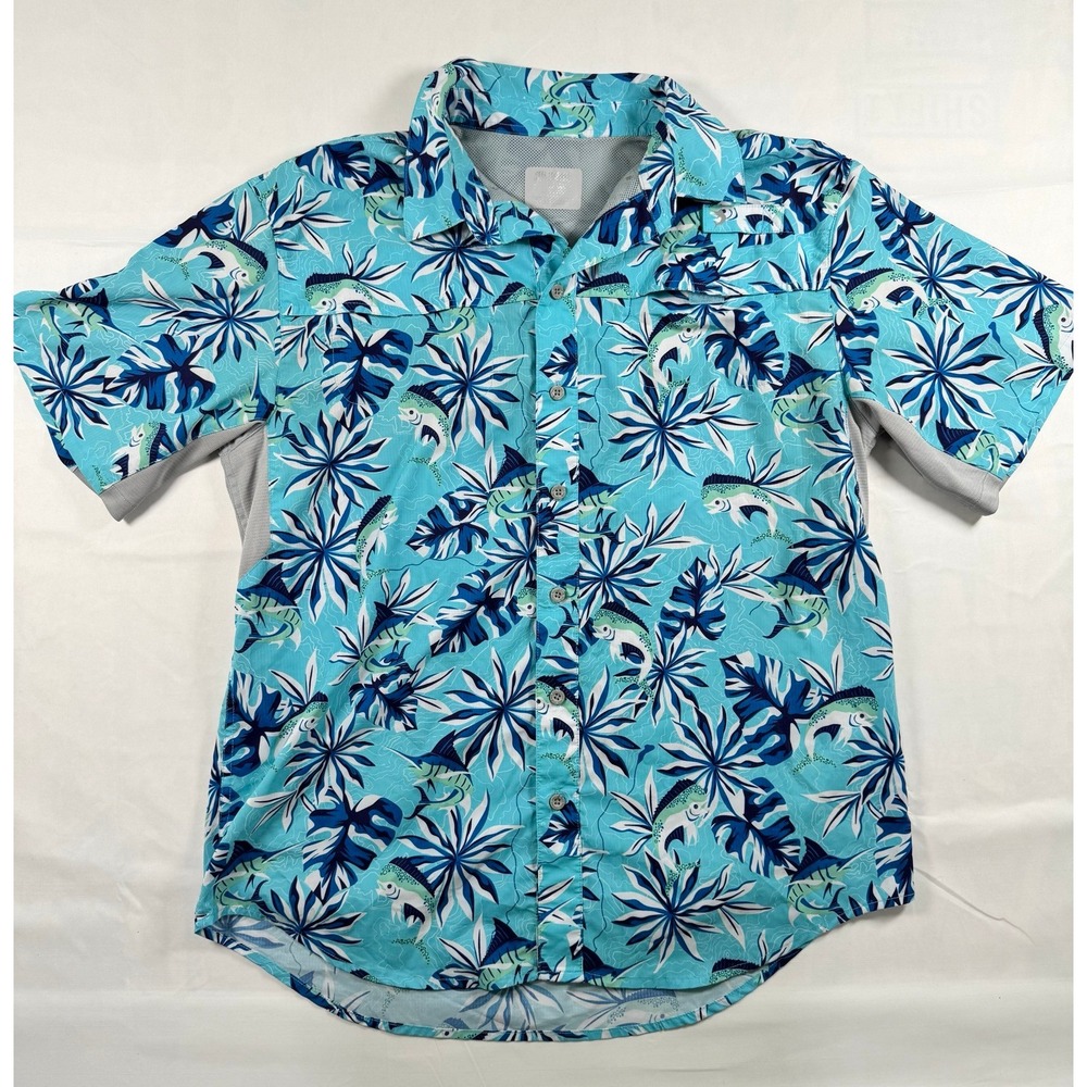 Reel Legends Mariner Fishing Shirt Tropical Fish Palm Print Blue Teal Mens Large